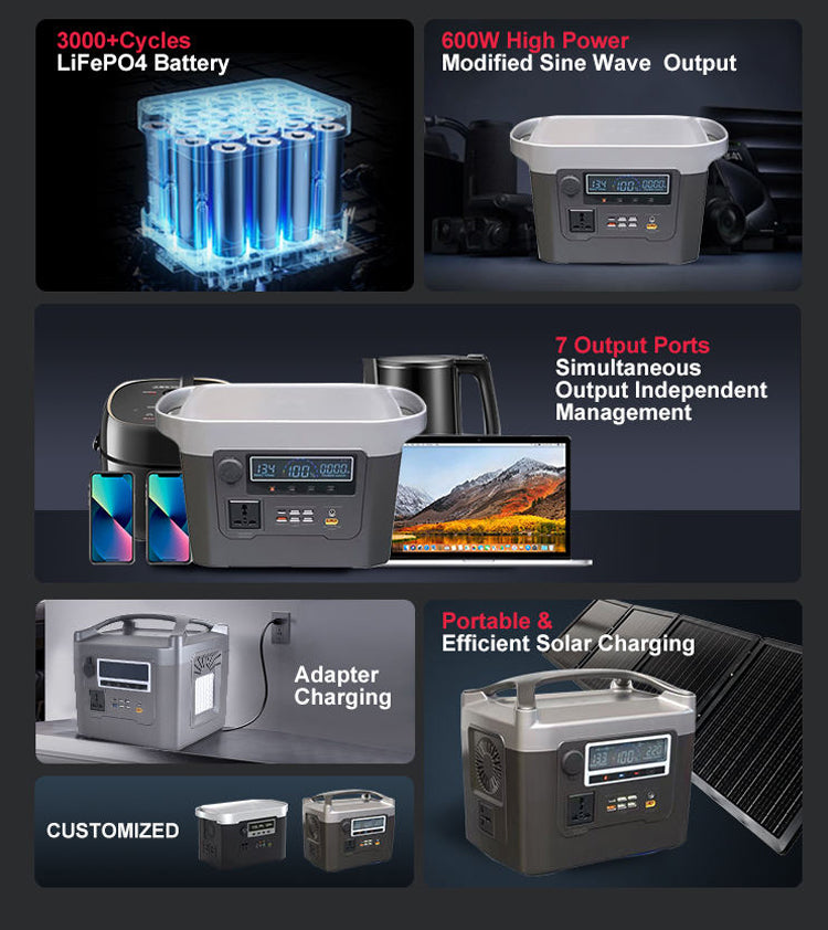 600W CE ROHS Certified LiFePO4 AC DC Output Solar Generator Household Energy Storage System Portable Solar Power Station